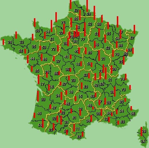 Carte de France des statistiques des dpartements de codes-postaux-francais.com